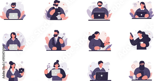 Stylized figures working on devices and enjoying drinks