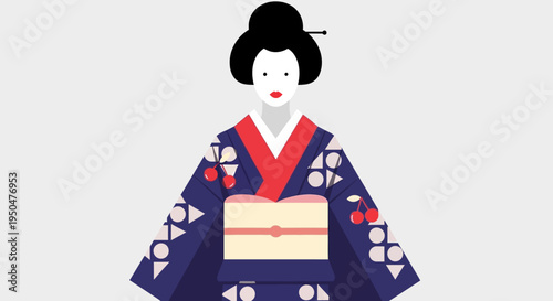 Geisha Portrait: Traditional Japanese Woman in Kimono with Cherry Blossom Motifs