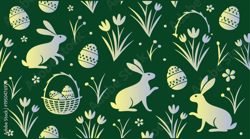 Easter themed pattern with rabbits eggs and flowers on green background for holiday decoration and celebration design