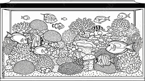 A lively coral reef teeming with diverse aquatic life within a glass aquarium