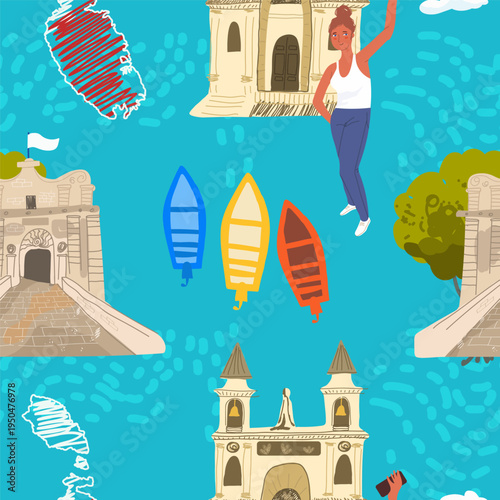 Malta seamless pattern, vector illustration of island landmarks, hand drawn.