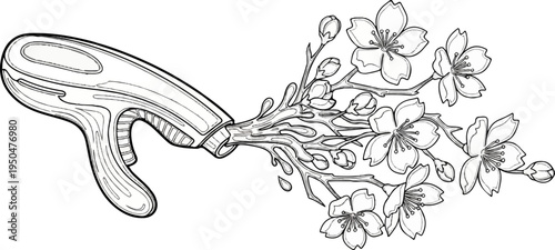 A stylized drawing of a water gun squirting cherry blossoms and water droplets
