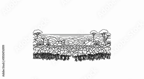 Stylized drawing of an African savanna landscape with acacia trees, shrubs, and water