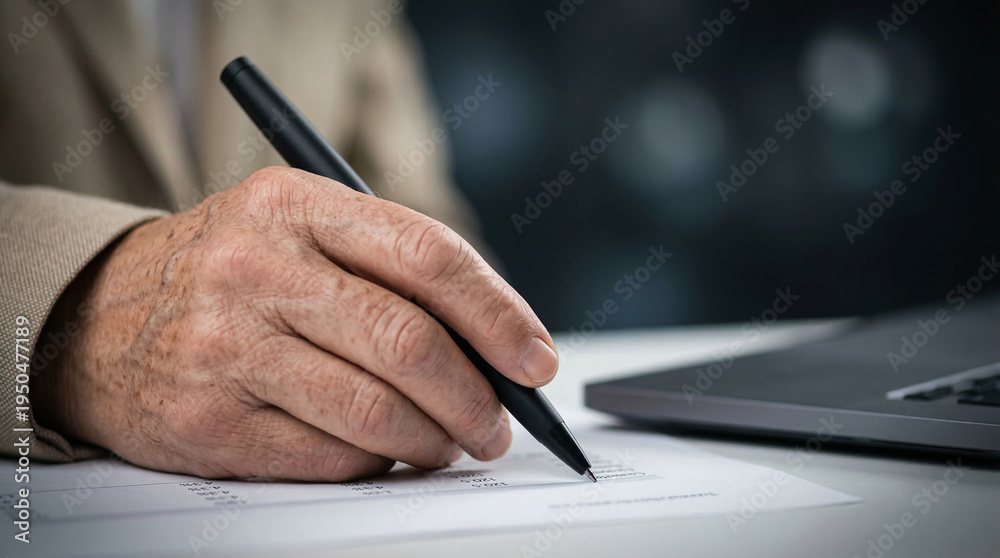 Senior man hand signing a document with a black pen. ภาพถ่ายสต็อก ...