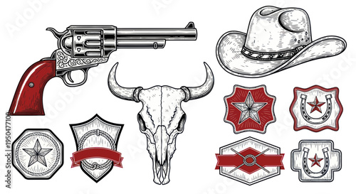 Wild West Cowboy Set: Revolver, Hat, Bull Skull, Horseshoe, Badges