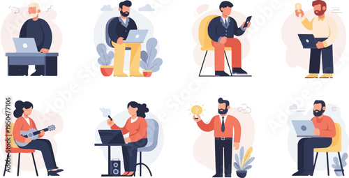 Animated diverse individuals engaged in various activities like working, playing music, and generating ideas