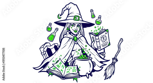 Witchcraft and Magic Illustration: Spellbook, Potion, Cauldron, Broomstick