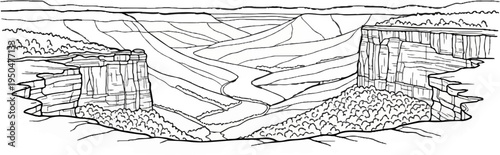 Stylized line art depicts a vast canyon with a winding river and layered cliffs