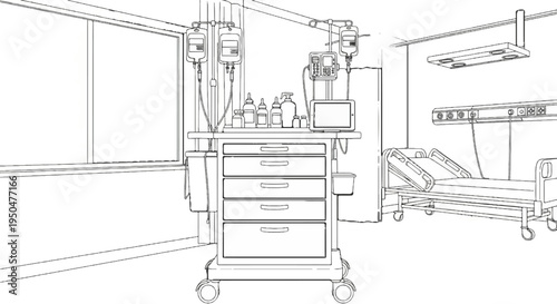 Medical cart with IV bags and patient bed in a hospital room