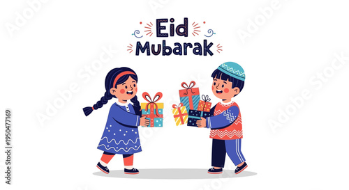 Eid Mubarak greeting card with kids exchanging gifts