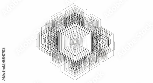 Intricate geometric pattern of layered hexagons in black and white