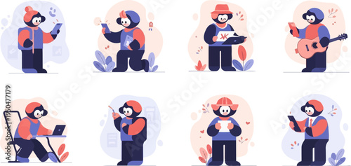 Cartoon characters in various poses engaging in different activities