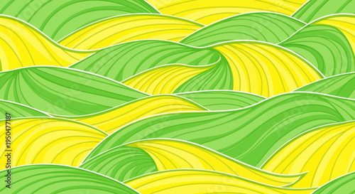 Abstract Green Yellow Wavy Fields Landscape Background, Organic Pattern