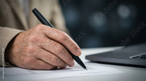 Senior man hand signing a document with a black pen.