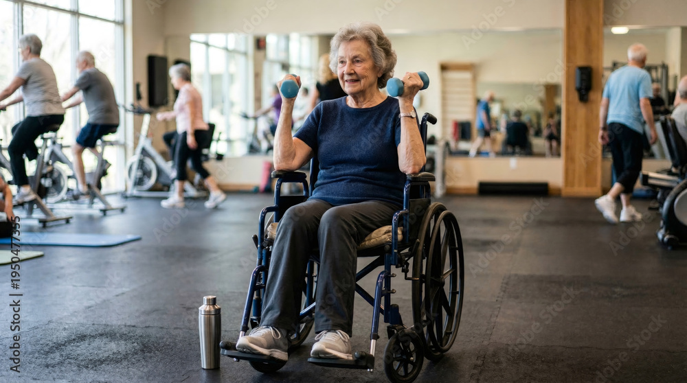 Obraz premium Elderly woman in wheelchair lifting dumbbells at gym. Senior athlete training upper body with weights. Inclusive fitness concept for mobility challenged individual, active lifestyle, wellness.