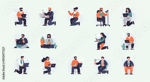 Collection of flat illustrations of people working on laptops in various poses