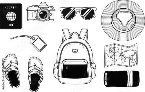 Travel essentials including passport, camera, sunglasses, hat, map, bag, and sandals