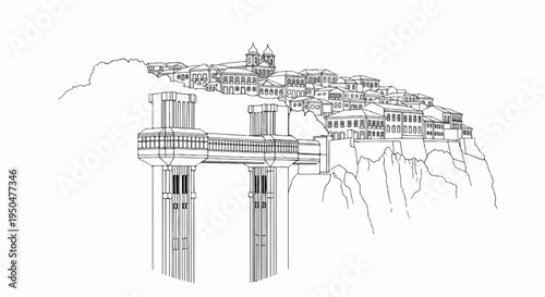 Architectural sketch of a historic city perched atop rocky cliffs, with an elevator