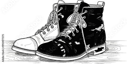 Black and white drawing of two pairs of laced combat boots on wood