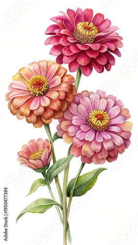 Wallpaper Mural Watercolor painting of four zinnia flowers in shades of pink and orange Torontodigital.ca