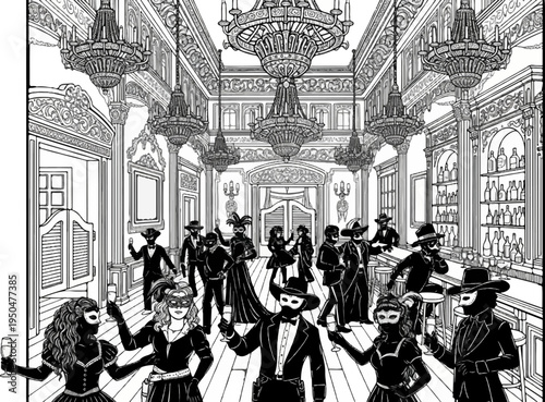 A masquerade party with ornate chandeliers and a bustling bar