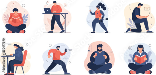 Collection of stylized people engaged in various activities, from reading to working