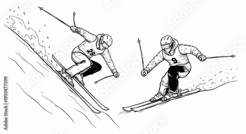 Two skiers in race bibs descend a snowy slope, one kicking up powder