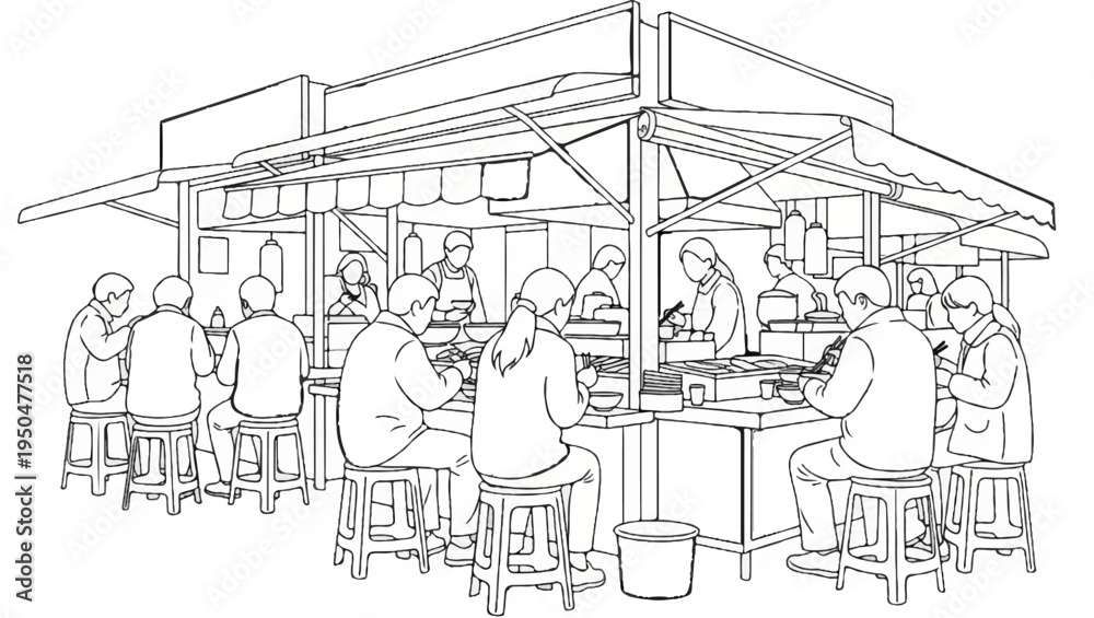 Fototapeta premium People eating at an outdoor food stall with awnings and serving counters