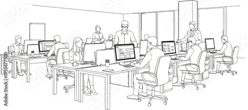 Diverse group of individuals working at computers in a modern office environment