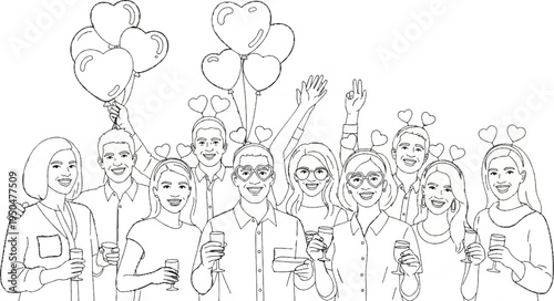 Diverse group of smiling people celebrating with heart decorations and drinks