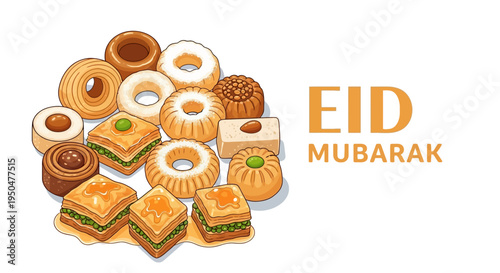 Eid Mubarak greeting card with traditional sweet and savory pastries