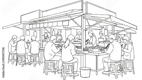 People eating at an outdoor food stall with awnings and serving counters