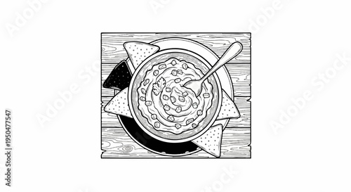 Black and white illustration of a bowl of dip with tortilla chips