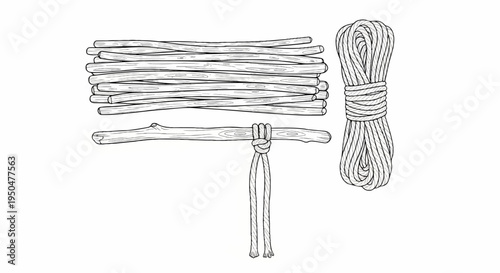 Wood sticks and coiled rope on white background with knotted stick