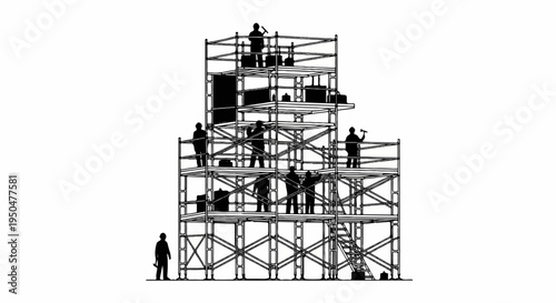 Workers on scaffolding constructing a multi-level structure