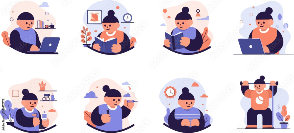 Fototapeta premium Diverse daily activities of a character working, reading, and exercising