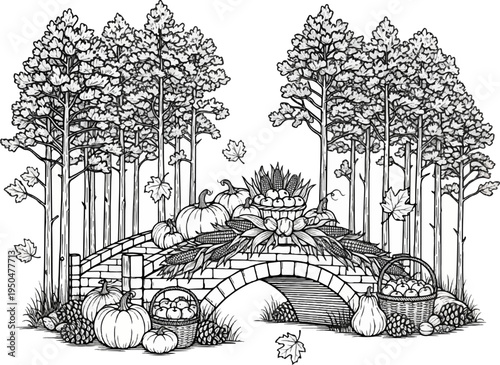 Autumnal harvest scene with stone bridge, trees, and bounty of fruits and vegetables