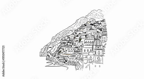 Sketch of a village built on a steep mountainside overlooking the sea