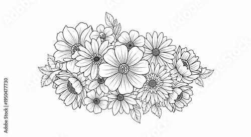 Detailed black and white illustration of a cluster of various flowers and leaves