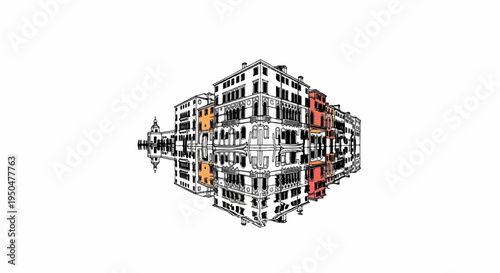 Sketch of old buildings with reflections in water, some colored