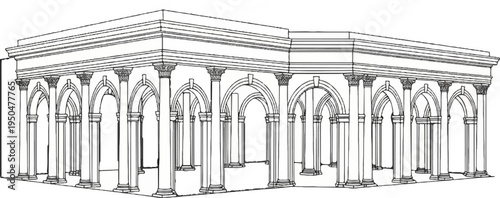 Detailed architectural sketch of a grand structure with multiple arched openings and columns