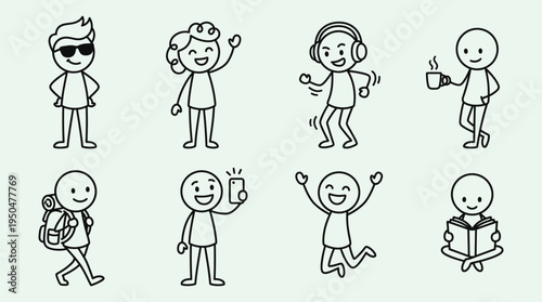 Cute Stick Man Characters Set , Minimal Cartoon Line Vector Collection