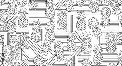 Black and white graphic pattern of pineapples on a background of geometric lines