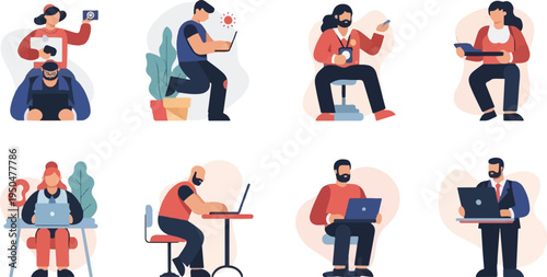 Diverse group of individuals working with laptops and phones in various settings