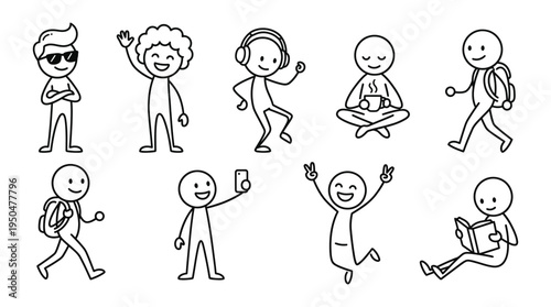 Cute Stick Man Characters Set , Minimal Cartoon Line Vector Collection