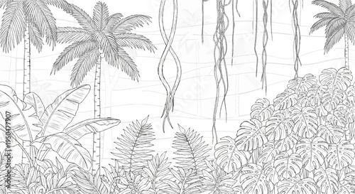 Black and white sketch of a dense tropical jungle with palm trees and vines