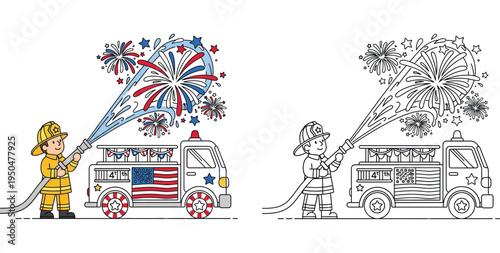 4th of July firefighter spraying fireworks next to a patriotic fire truck. Color and line art coloring page.
