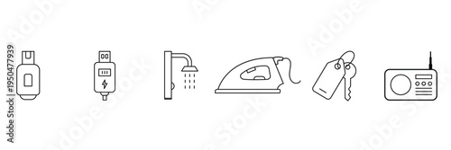Home lifestyle and travel objects featuring flash drive usb cable shower iron door keys and radio as icon vector illustration