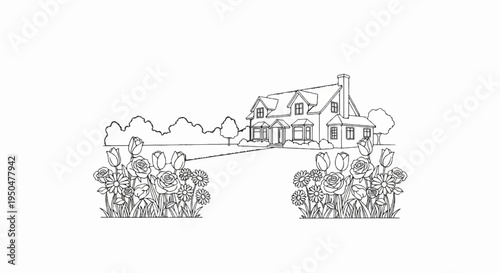 Black and white sketch of a suburban house with flowers and trees