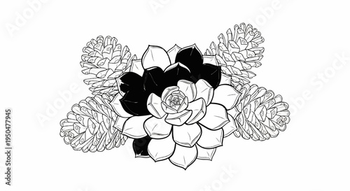 Black and white sketch of a succulent plant surrounded by pine cones